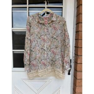 3J Workshop Johnny Was Floral Cotton Silk‎ Lace Trim Button Down Shirt Large